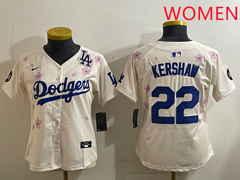Women Los Angeles Dodgers #22 Kershaw Cream Sakura Edition 2025 Nike MLB Jersey style 9->women mlb jersey->Women Jersey